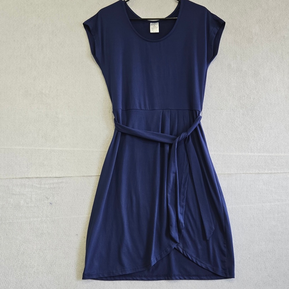 Serra Womens Navy Blue Faux Wrap Knit Dress  Medium Short Sleeve Belted Casual